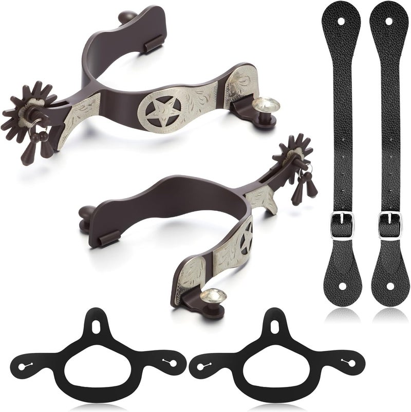 BrightRow 2 Pack Spurs for Cowboy Boots Men with 2 Pcs Leather Belt and Tie Down Straps, Stainless Steel Western English Horse Spurs with Rotatable Gear, Equestrian Riding Accessories - Image 1